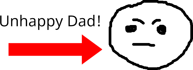 Rough drawing of a unhappy face with red arrow pointing and the text unhappy dad